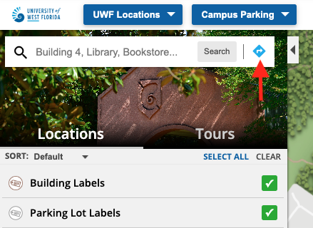 箭头指向桌面上UWF校园地图上的寻路按钮