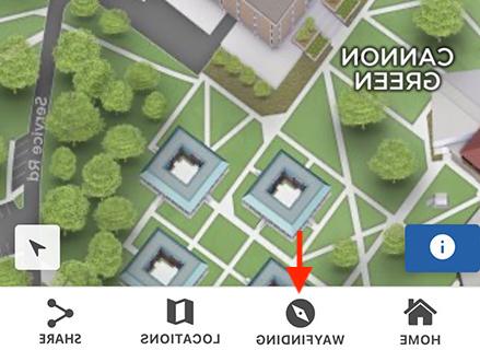 箭头指向移动设备上UWF校园地图的寻路按钮